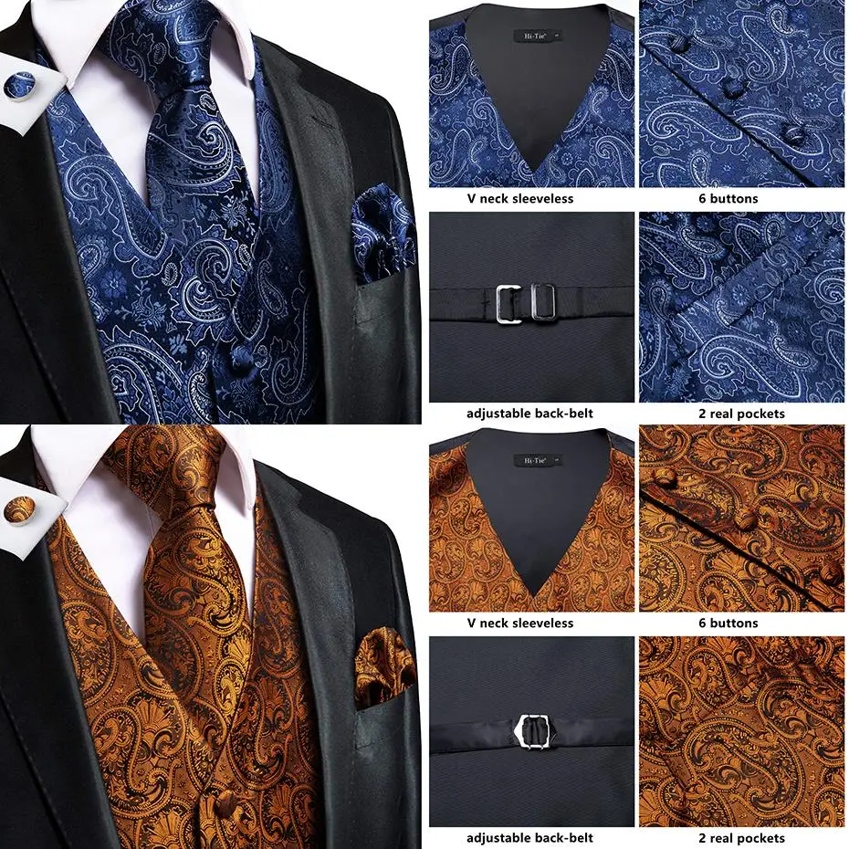 Hi-Tie 20 Color Silk Men's Vests and Tie Business Formal Dresses Slim Vest 4PC Hanky cufflinks for Suit Blue Paisley Waistcoat blazer suit