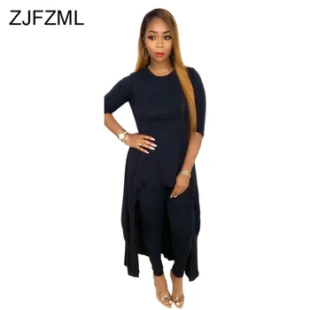 

Autumn Winter Solid Knitted 2 Piece Set Women O Neck Long Sleeve Irregular X-Long Tshirt + Pencil Pants Plus Size Causal Set