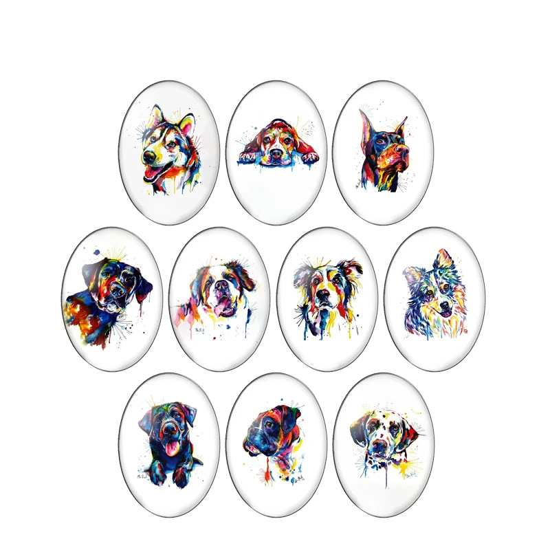 

Watercolor cute dog lovely pet animal pattern 13x18mm/18x25mm/30x40mm Oval photo glass cabochon demo flat back Making findings