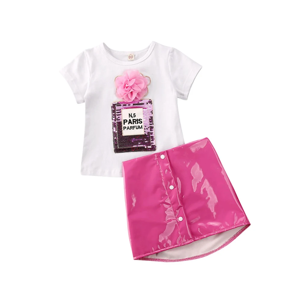 Children Set Summer Toddler Baby Girl 3D Flower Tops T-Shirt Leather Mini Skirt Cotton Short Sleeve Button Free Shipping | Мать и ребенок