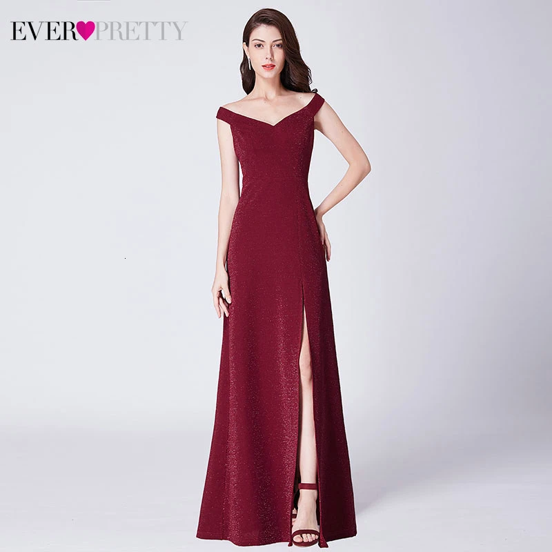 

Burgundy Evening Dresses Long Ever Pretty EP07415BD A-Line Double V-Neck Sleeveless Side Split Elegant Formal Dresses Abiye 2019
