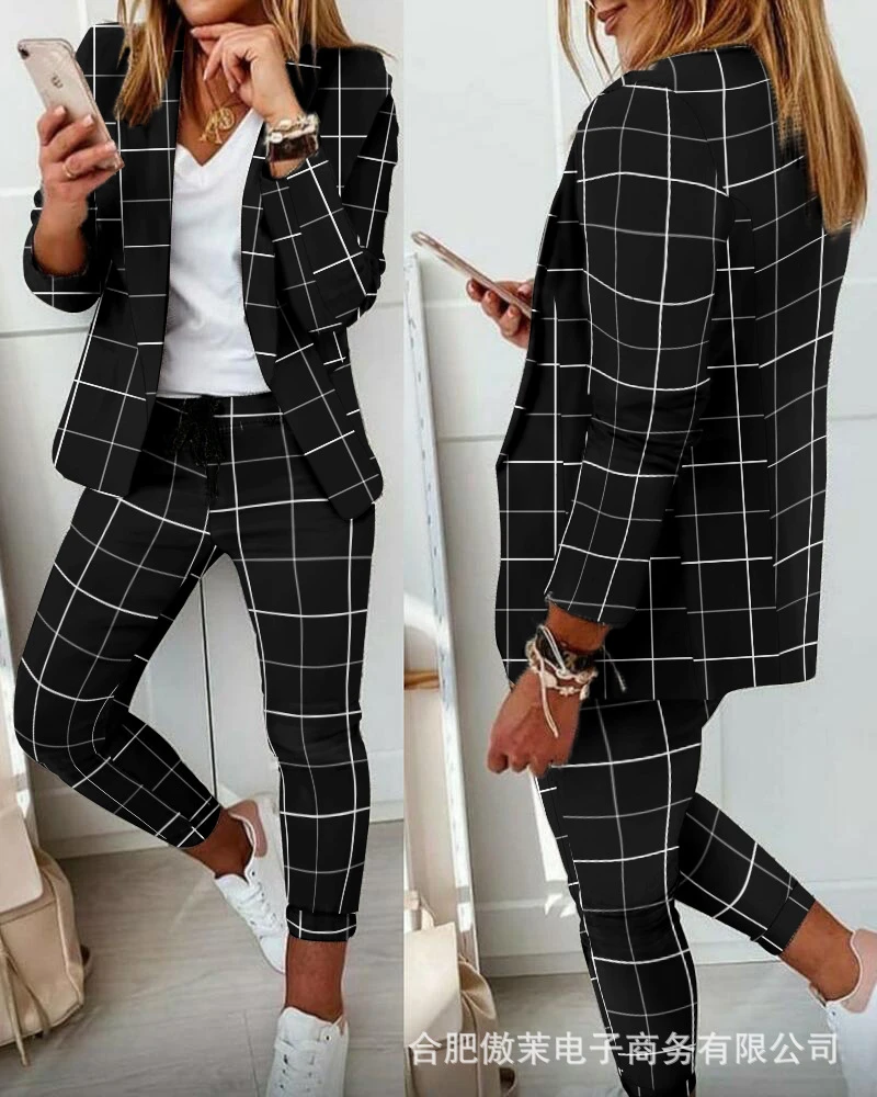 ファッショナブルな女性の市松模様のコートと足首の長さのパンツセット 作業服 仕事 レジャー ツーピースセット パンツスーツ Aliexpress ファッショナブルな女性の市松模様のコートと足首の長さのパンツセット 作業服 仕事 レジャー ツーピースセット パンツスーツ Aliexpress