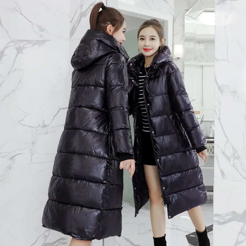 

New Style down Jacket Cotton-padded Clothes Women's Long over-the-Knee Cotton Overcoat Disposable Waterproof PU Leather Thick St