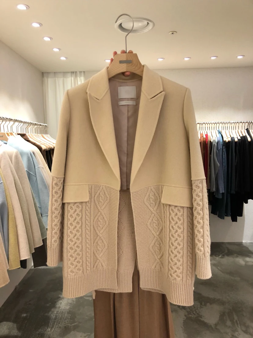 Best  South Korea Autumn and Winter 2019 New Fashion Knitted Patchwork Loose Coat Suit Coat Woman Plus Si