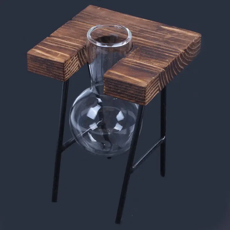 New-Fashionable Transparent Glass Vase with Wooden& Iron Stand for Water Planting Decoration Gift