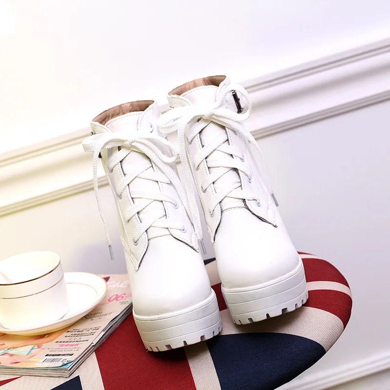 Осенние женские повседневные ботинки обувь на высоком каблуке с круглым носком и пряжкой модная женская обувь на квадратном каблуке со шнуровкой Большие размеры C1-75