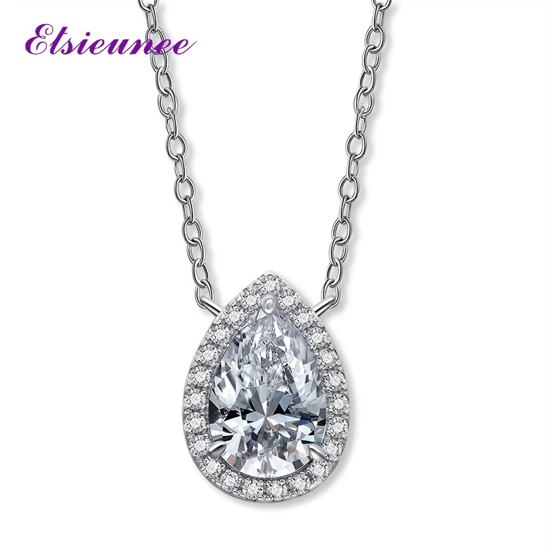 

ELSIEUNEE Pear Cut 100% 925 Sterling Silver Simulated Moissanite Gemstone Diamond Pendant Necklace Cocktail Party Fine Jewelry