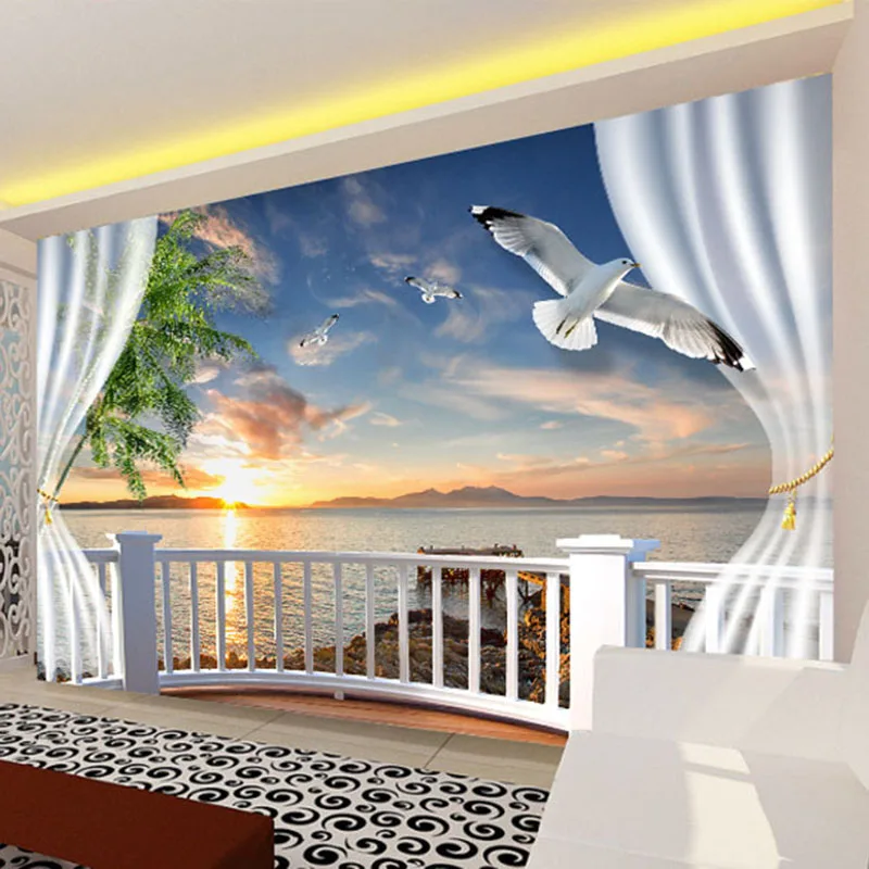 

Drop Shipping Custom Photo Wall Paper 3D Balcony Curtains Sunset Seascape Wall Papers Home Decor TV Backdrop Mural Wallpaper