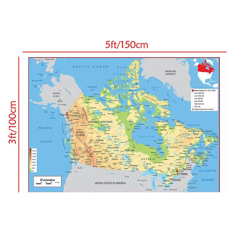 La carte topographique du Canada en français, affiches et impressions sans cadre, art mural non tissé pour la maison, décoration de salon, 150x100cm