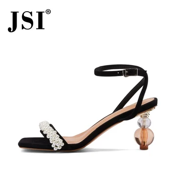 

JSI Leather Thin Heels women sandals Fashion Style String Bead Strange Heel Dress Square Toe Basic white sandals JO546