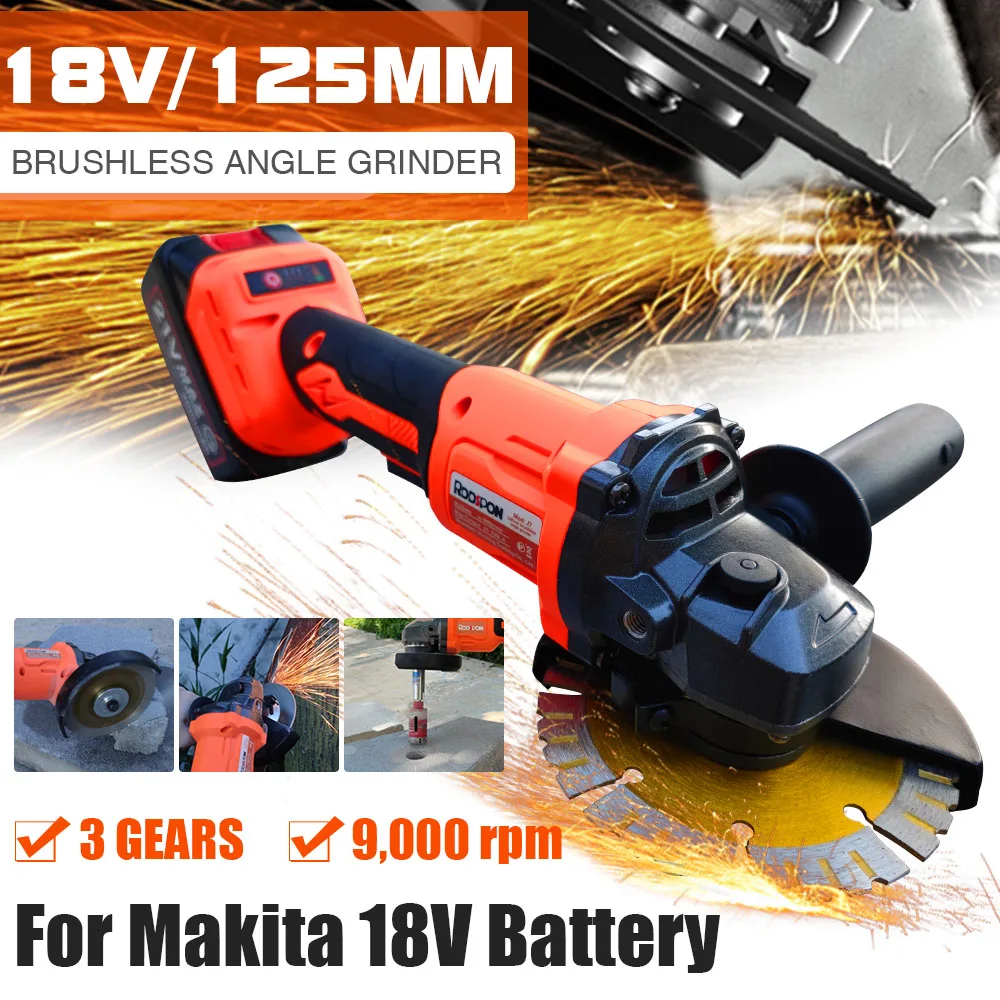 Hot Sale Products! Electric Angle Grinder 125mm Brushless Variable Speed DIY Cutting Polish Power Tool For Makita 18V Lithium Battery Angle Grinder