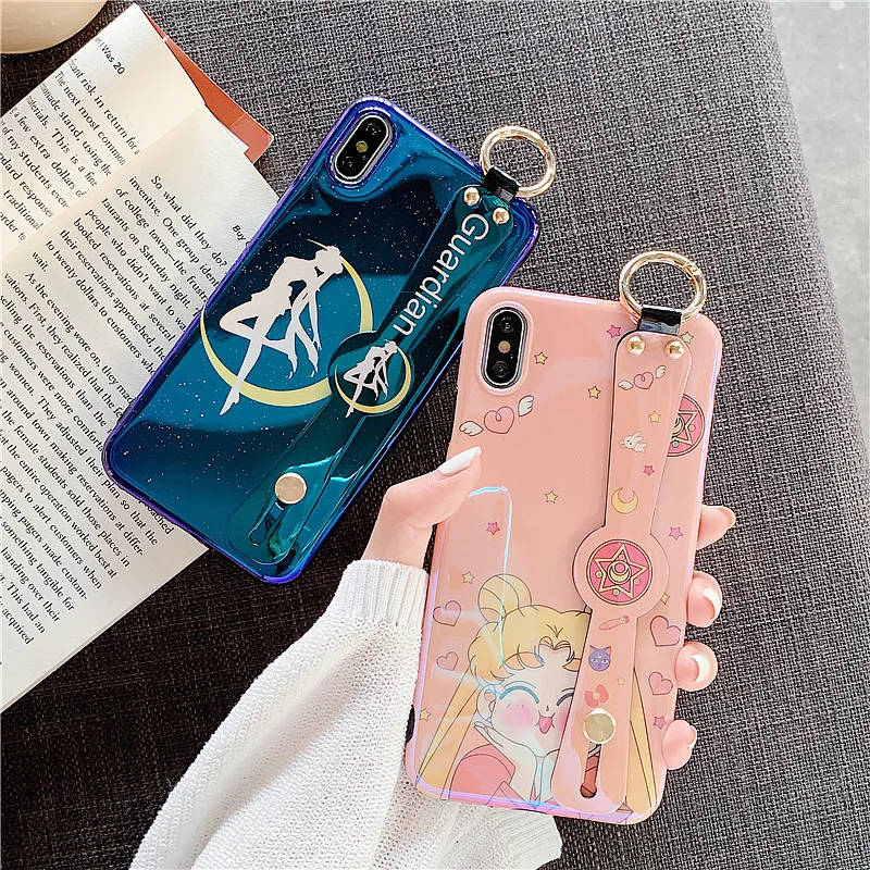 Wrist Strap Soft TPU Case For iphone 7 8 6 6s plus 11 X Xs max XR Cartoon Blu ray sailor moon case Phone Holder |