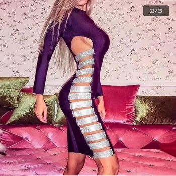 

2019 New Diamonds Black With Silver Patchwork Long Sleeve Autumn Bandage Dress Sexy Hollow Out Fashion Bodycon Club Runway Festa