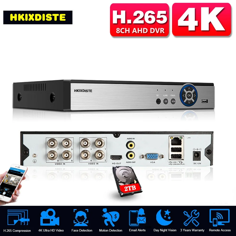 Система видеонаблюдения 8 каналов 4K AHD DVR обнаружение лиц гибридный