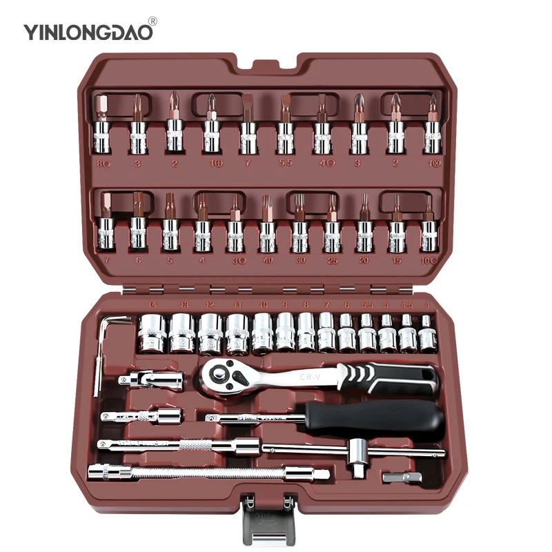 

46pcs 1/4-Inch Car Repair Tool Ratchet Torque Wrench Spanner Screwdriver Socket Set Combo Tools Kit Bicycle Auto Repairing Tool