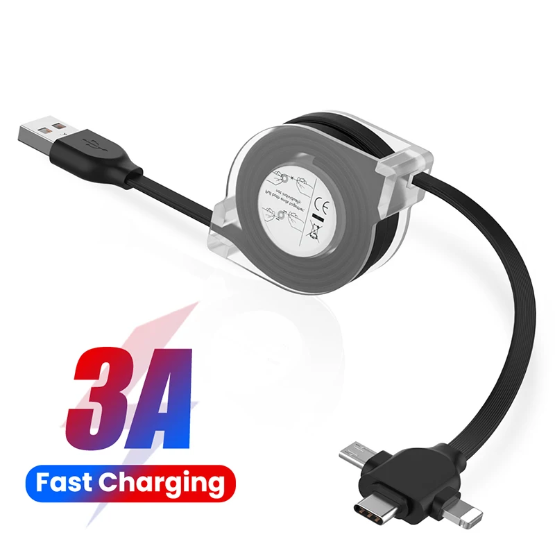 1/2m 3 In 1 USB Charge Cable 8 Pin/Micro USB/Type C Kable Portable Retractable 3A Fast Charging Cord For iPhone 13 12 11 XS X XR | Мобильные