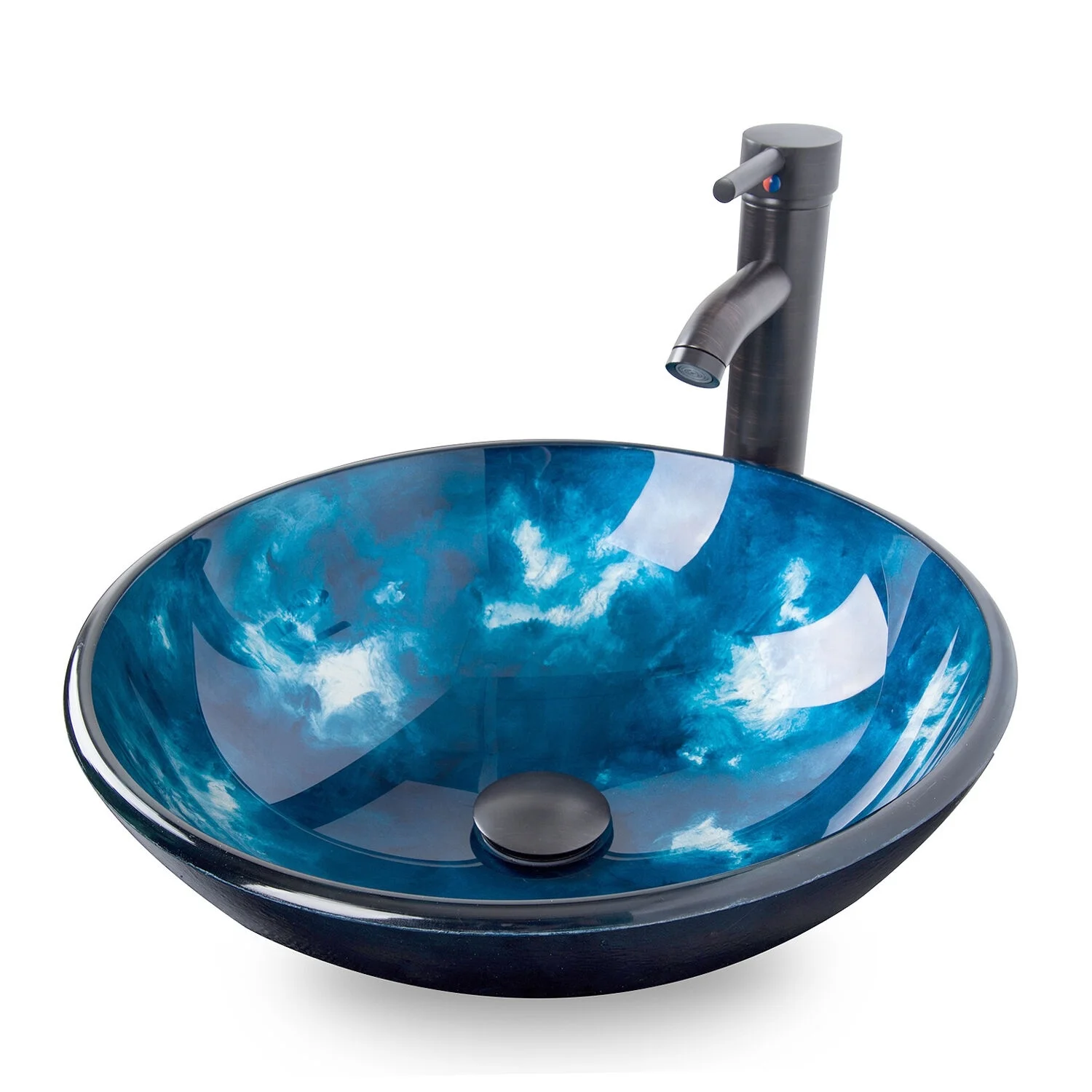 Bathroom Tempered Glass Round Ocean Blue Vessel Sink Faucet Pop up