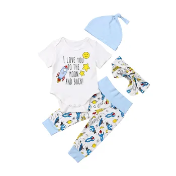 

Newborn Boy Girl Cartoon Clothes Set Short Sleeve Astronaut Romper Pants Headband Hat Infant Baby Outfit 4Pcs