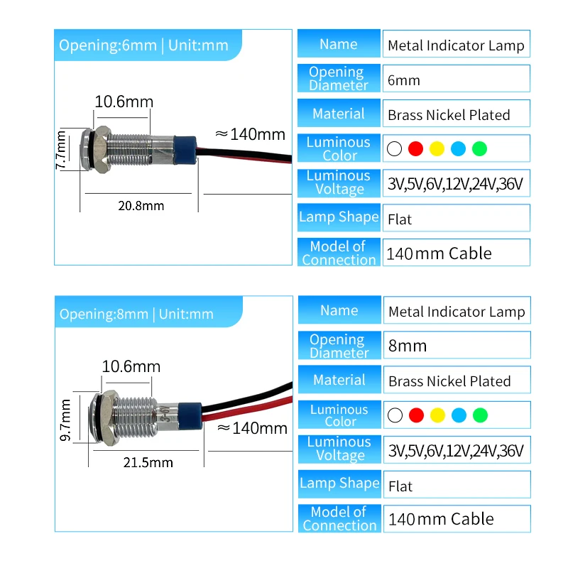 Description Picture 4 of item6mm 8mm 10mm 12mm 16mm Metal LED Warning indicator light Waterproof IP67 Signal Lamp Pilot Wires switch 3V 5V 12V 220V Red Blue