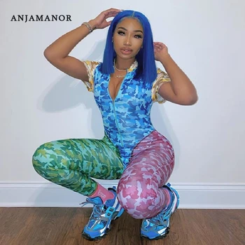

ANJAMANOR Color Block Camo Print Sexy Two Piece Set Bodysuit Leggings Club Outfits Matching Sets Tracksuit Women Clothes D37AG04