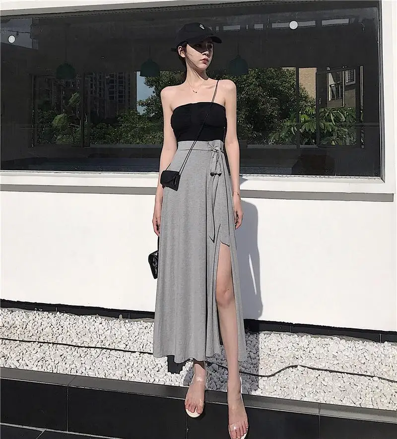 

2019 New Style Sexy Disco Dancing Dress Outfit Women's Summer Pleated Wrap-around + Lace-up High-waisted Long Skirts Trendy Two-