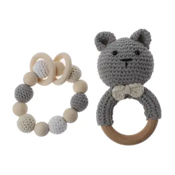 

Baby Wooden Teether Bracelet Set Crochet Animal Teething Rattle Ring Chewing Toy