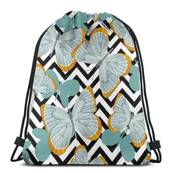 

Unisex Bag Gray-Blue Butterflies With Wings On Black And White Background Outdoor Fitness Drawstring Beam Mouth Backpack