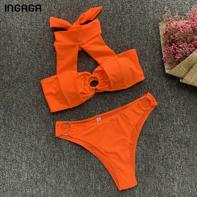 

INGAGA Sexy Halter Swimwear Women Solid Bikini Push Up Swimsuit New Ruched Bathing Suit Cut Out Beach Wear 2019 Brazilian Bikini