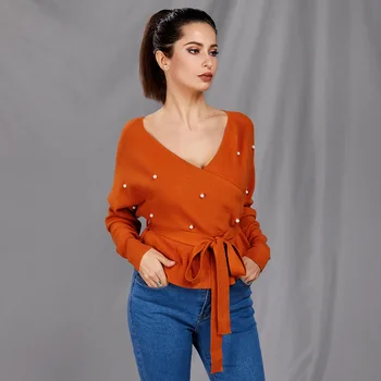 

Fashion Women's Wasit Belt Sexy Deep V Neck Sweater Asymmetric Pullover Sweater Pearl Decoration Bat Sleeve Backless Sweater