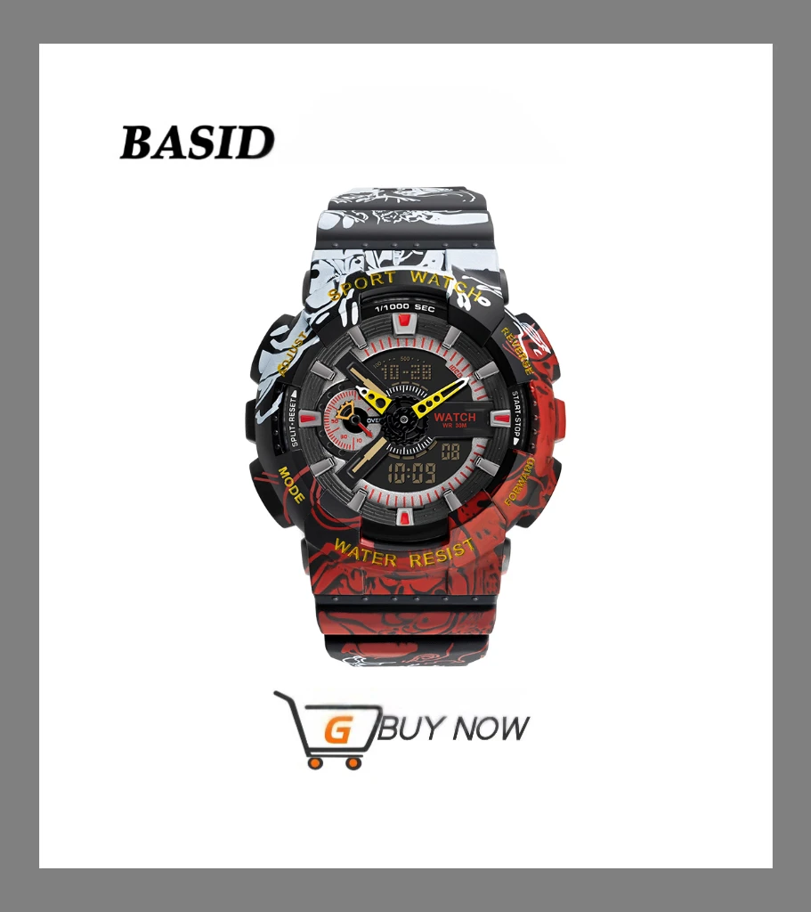 BASID Brand Mens Sports Business Fitness Watch Man Dual Display Analog Digital Wristwatches Waterproof Swimming Military Watches rose gold digital watch