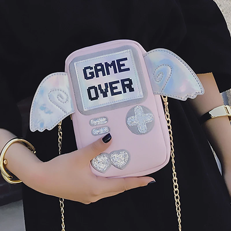 New Fun Cute Fashion Women Personality Letter Game Shape Laser Wings Mini Clutch Purse Flap Ladies Chain Shoulder Messenger Bag