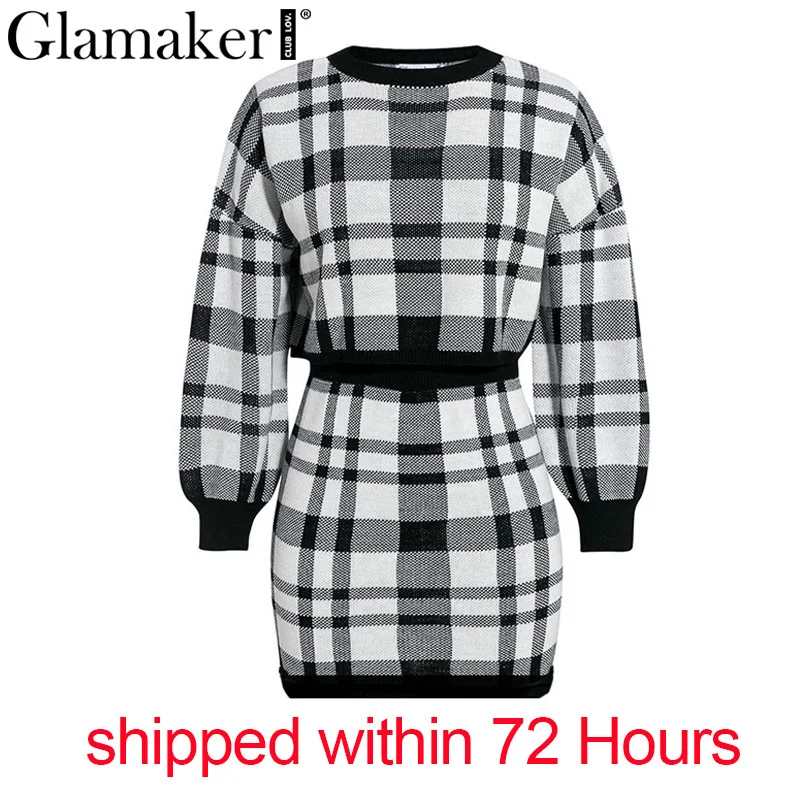 Glamaker, клетчатый вязаный костюм из двух частей, сексуальное осеннее платье, женское Элегантное зимнее платье-свитер, сексуальные женские модные вечерние короткие платья - Цвет: black