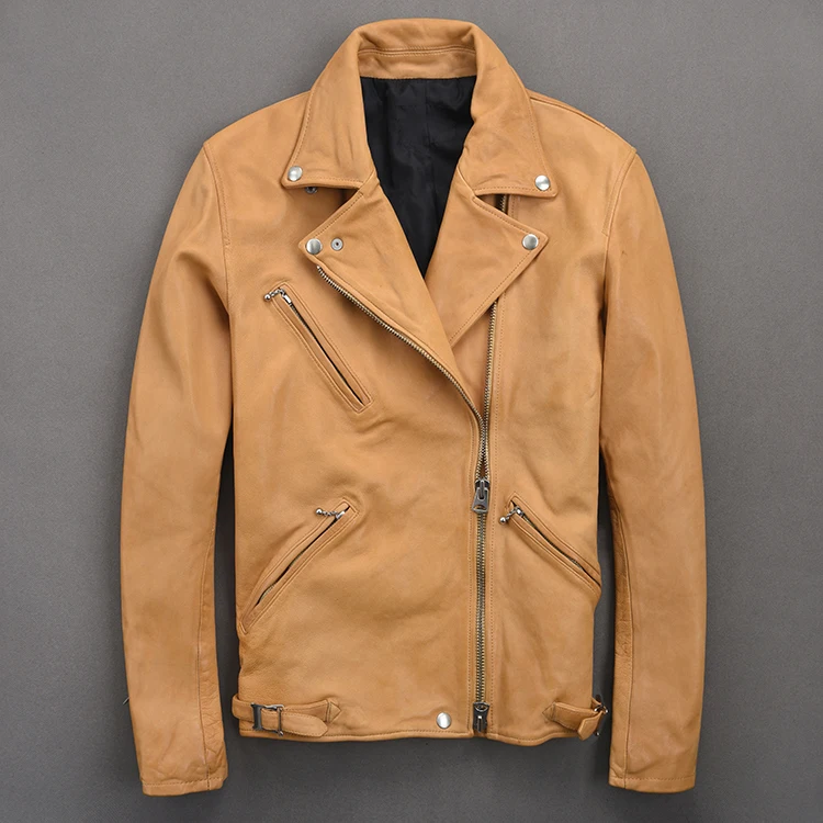 

Japanese vintage genuine leather natural sheepskin slim fit motorcycle jacket for men black red yellow Army green