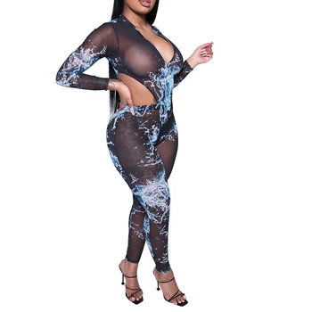 

New Sexy Women Bandage Mesh Clothes Sets Long Sleeve Bodycon Bodysuit High Waist Pants Chiffon Outfit