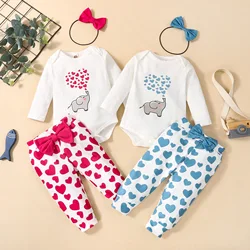 Ensemble de vêtements pour nouveau né fille, body + pantalon à nœud papillon + bandeau, imprimé cœur, pour la saint valentin, vêtements pour enfants 