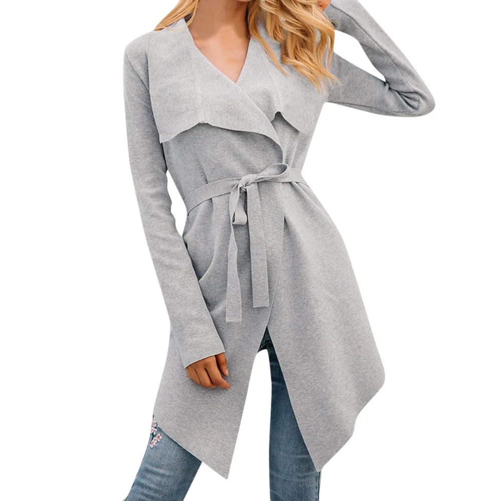 

Home&Nest 2019 Women's Loose Coat Open Front Long Sleeve Raw Cut Hem Waterfall Collar Irregular Trench Cardigan With Belt #0802