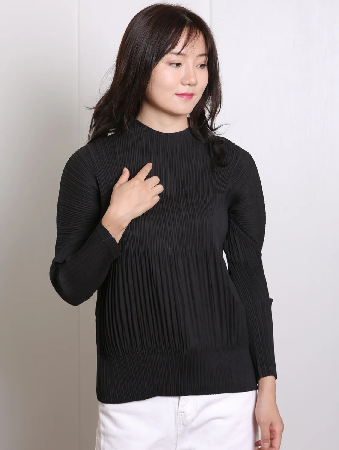 

Solid Color Puff Sleeves Slim Big Size Pleated Women's Long Sleeve Tops