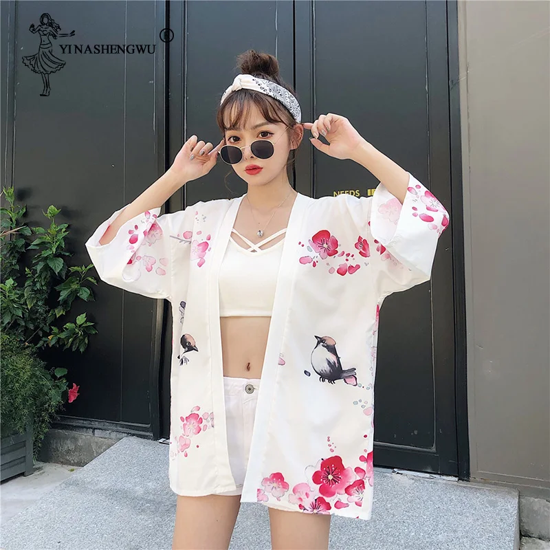 Yukata женский кардиган японское кимоно Азия летняя рубашка с цифровым принтом топы