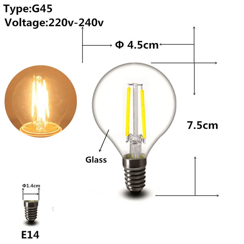 2 Вт, 4 Вт, 6 Вт, E27 E14 светодиодный лампы G45 C35 T45 лампа светильник 220v переменного тока небольшой светильник s украшения, хрустальные люстры светильник источник - Испускаемый цвет: G45 220V E14