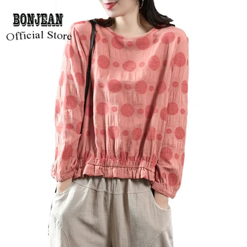 

Women Cotton Linen Tops T Shirt Tees Pullover O Neck Big Loose Polka Sweet Cute Casual Fashion for Spring Summer AZ18611426