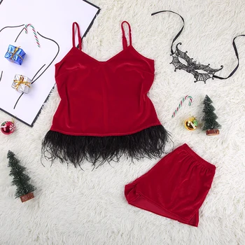 

HECHAN Red Christmas Pajamas Women Sexy Feathers Velvet Cami And Shorts Winter Sleepwear Ladies Home Wear Suit Sets Female 2020