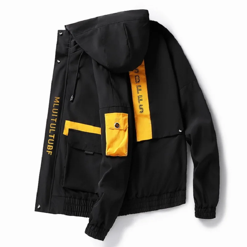 Повседневная мужская куртка-бомбер с капюшоном, мужская приталенная куртка со стоячим воротником, модная ветровка, пальто в стиле хип-хоп, Мужская Уличная одежда, YA528 - Цвет: Black