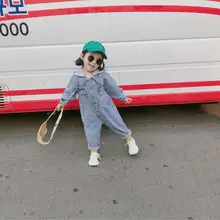 Новое поступление, джинсовый комбинезон с капюшоном для девочек, осенние модные джинсовые штаны для девочек 1-6 лет, PX532