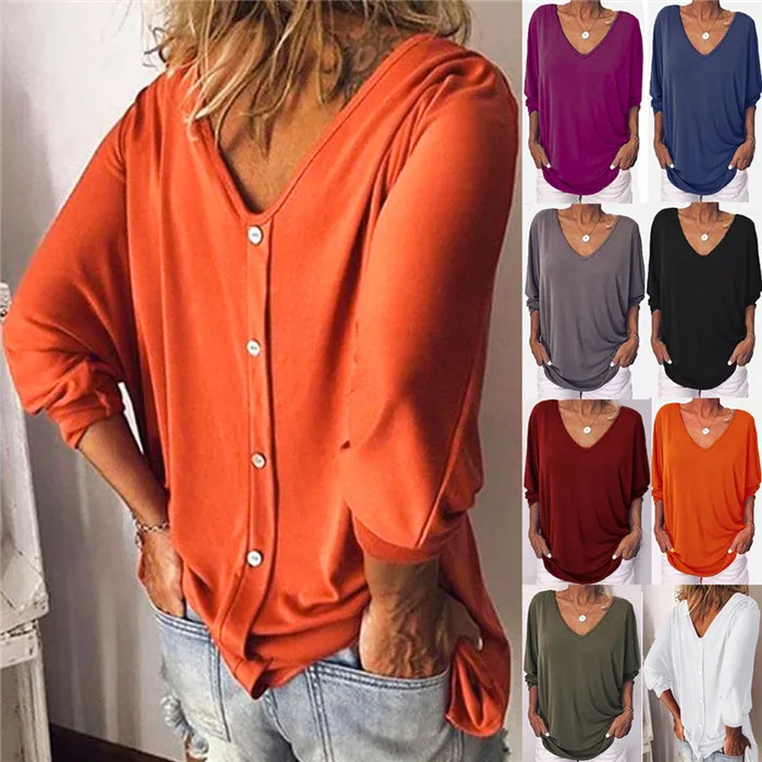 

Oversized 5XL Blouses Women V-neck Tops Spring Casual Loose Blusa Ladies Solid Batwing Sleeve Pullover Shirt Fashion Back Button