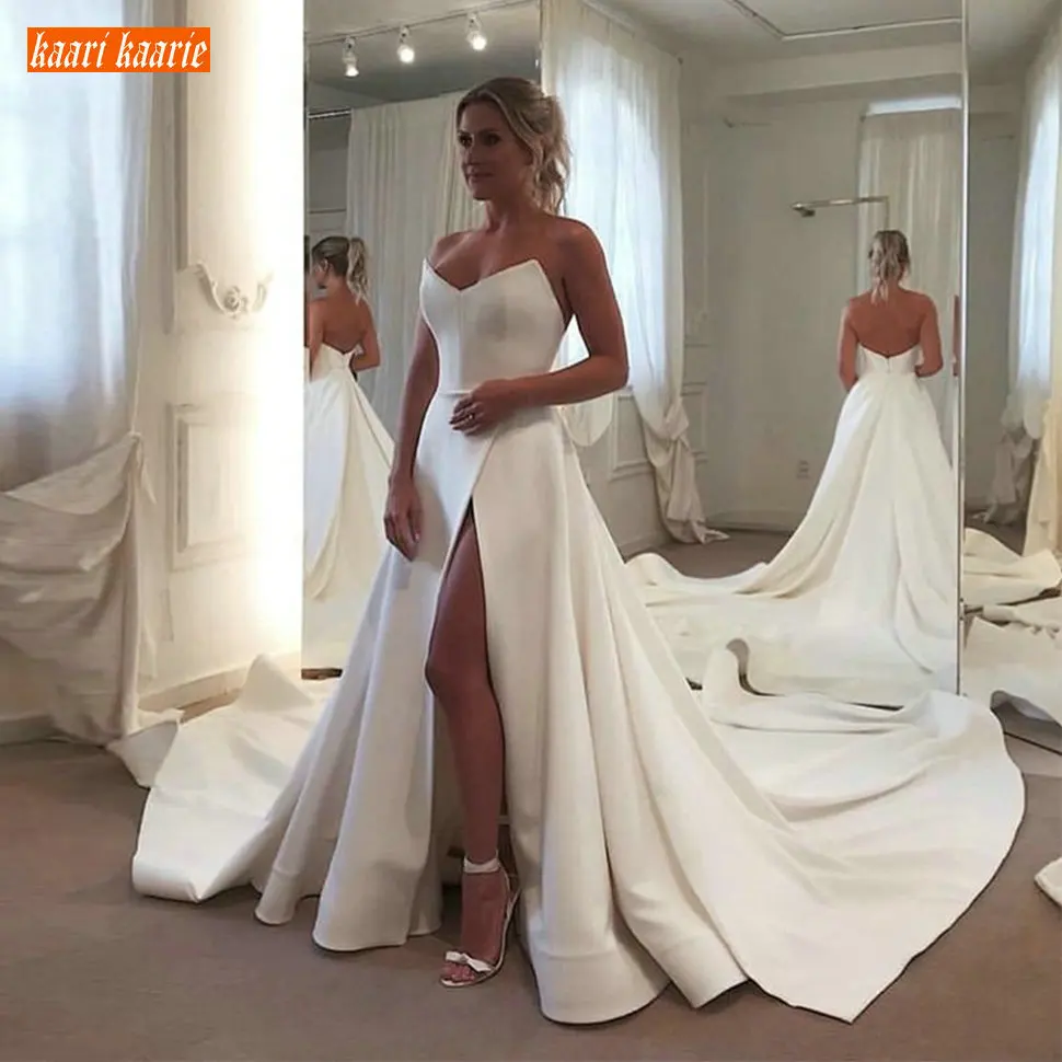 

Simple Boho White Wedding Dresses Long Sweetheart Ivory Satin Beach Bride Dress Side split Court Train Custom Made Wedding Gowns