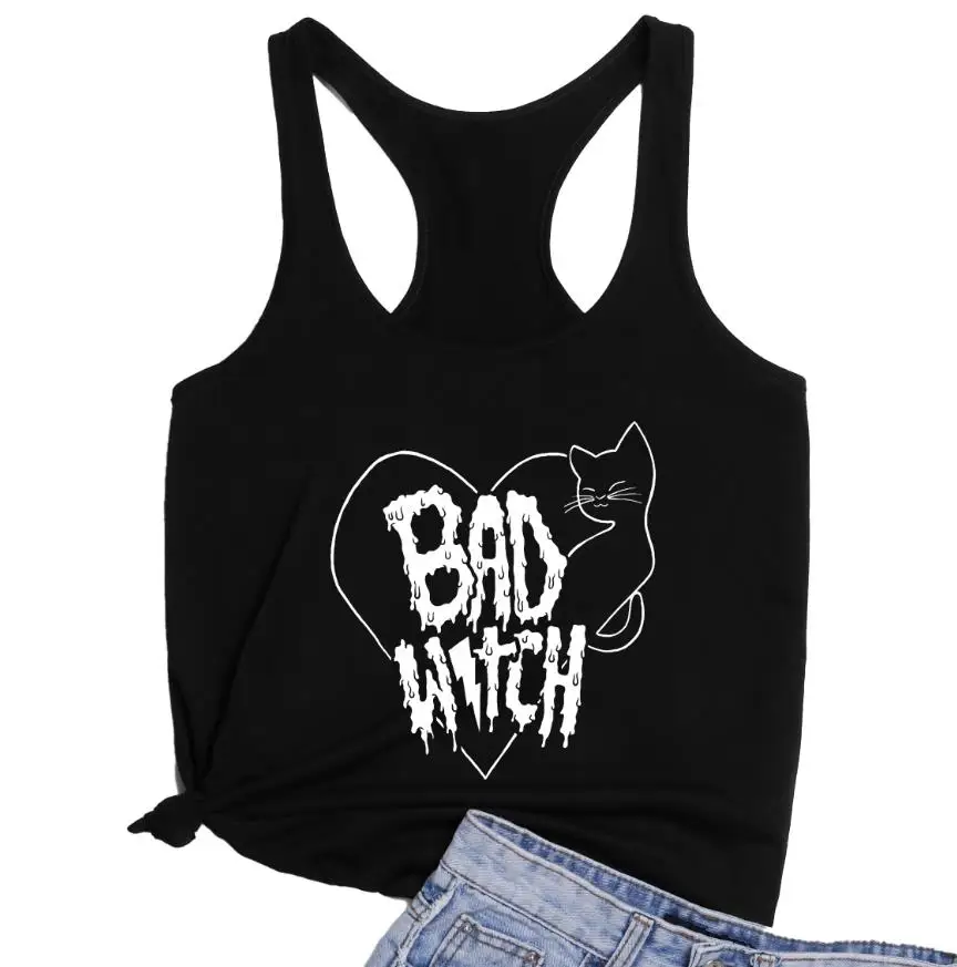 Свободный жилет BAD WITCH забавная футболка с котом и сердцем на Хэллоуин женские