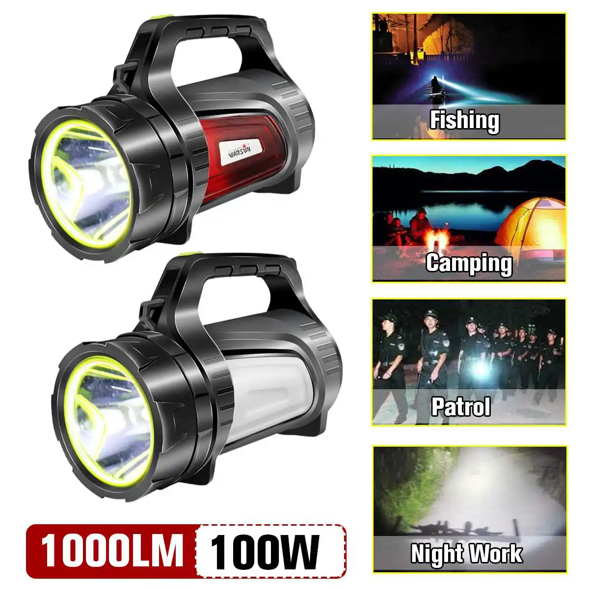 

100W Super Bright USB LED Flashlight Searching Torches 2 Side Night Light Lamp Hand Camping Lantern 9800mAh Rechargeable Battery