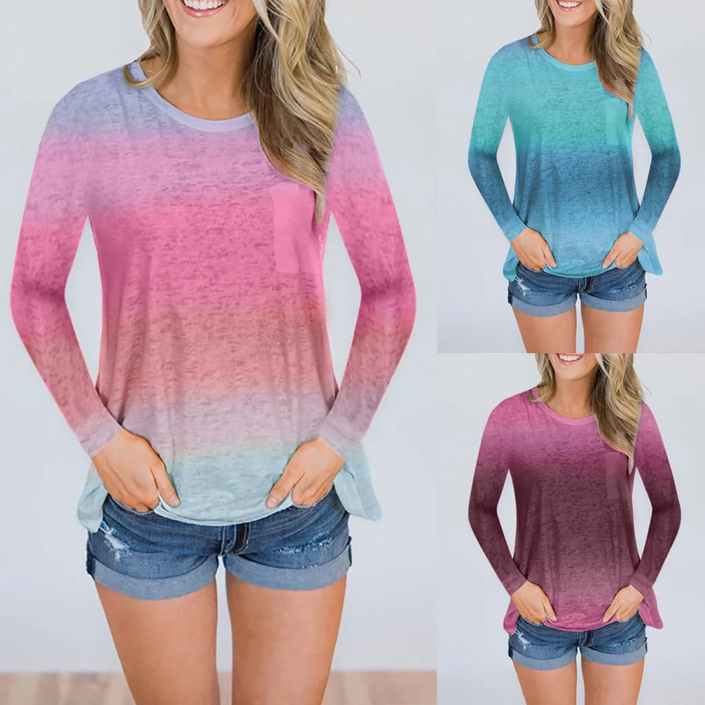 

Feitong Fashion Women Blouse 2019 Plus Size Gradient O-Neck Print Long Sleeve Women Lady Shirt Tunic Blouse рубашка женская