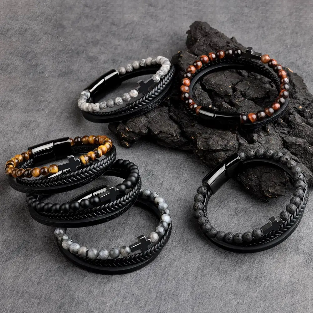 Natural Stone Beads Cross Bracelet On Hand Genuine Leather Braided Stainless Steel Magnetic Clasp Bangles For Men Jewelry Gift