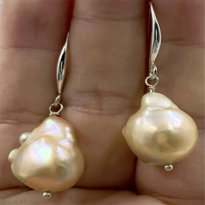 

14-20mm Pink Baroque Pearl Earrings silver Hook AAA elegant flawless South sea earbob women